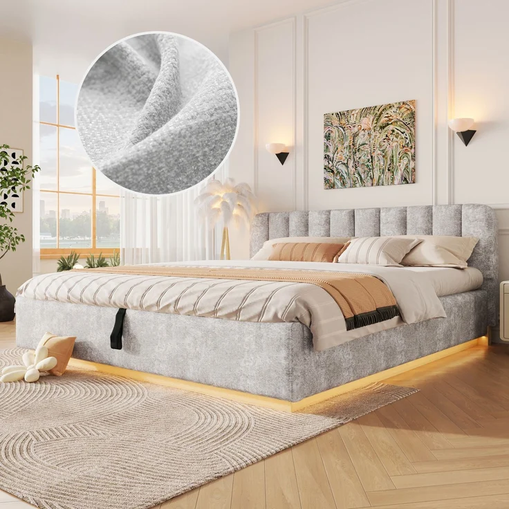 Polsterbett, Doppelbett, 180 x 200 cm, Bett mit Lattenrost, Kopfteil,Gepolstertes Kopfteil,Hydraulische Lagerung, Mit LED-Lichtleiste, Ohne Matratze, Hellgrau Chenille – Bild 2