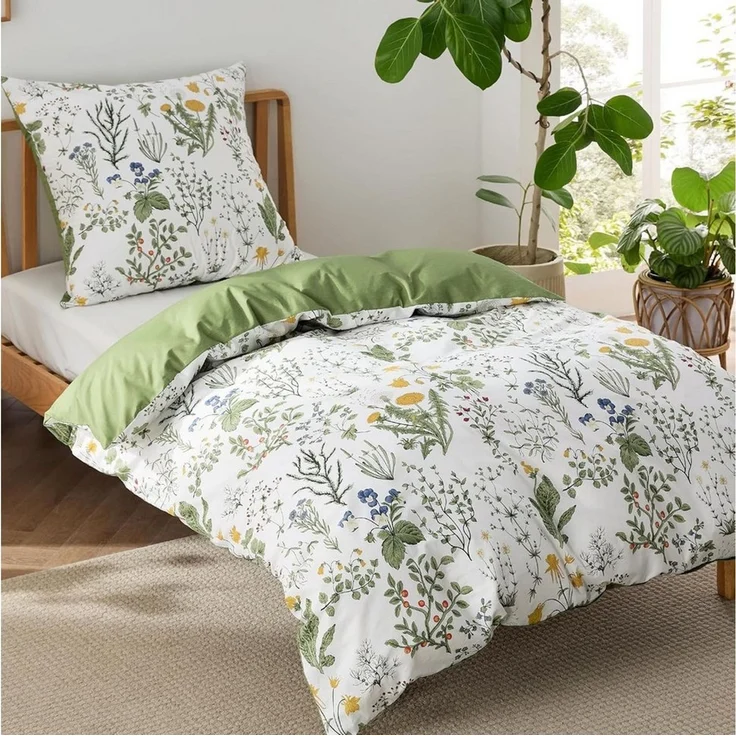 Fyrove Bettwäsche Bettwäsche Bettdeckenbezug - Bettwäsche Set Blumen Grün Muster, Bettwäsche Motiv mit Zweigen und Blättern mit Kissenbezügen 80x80 cm – Bild 1