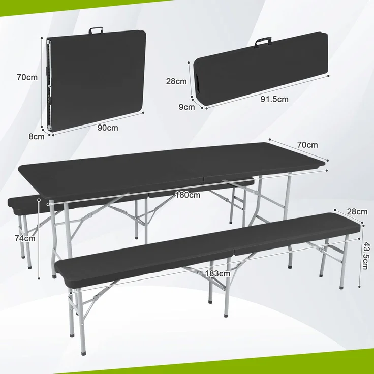 Strattore Bierzeltgarnitur, 3-teilig, Klappbar, Kunststoff, 180 x 70 x 74 cm, Schwarz – Bild 4