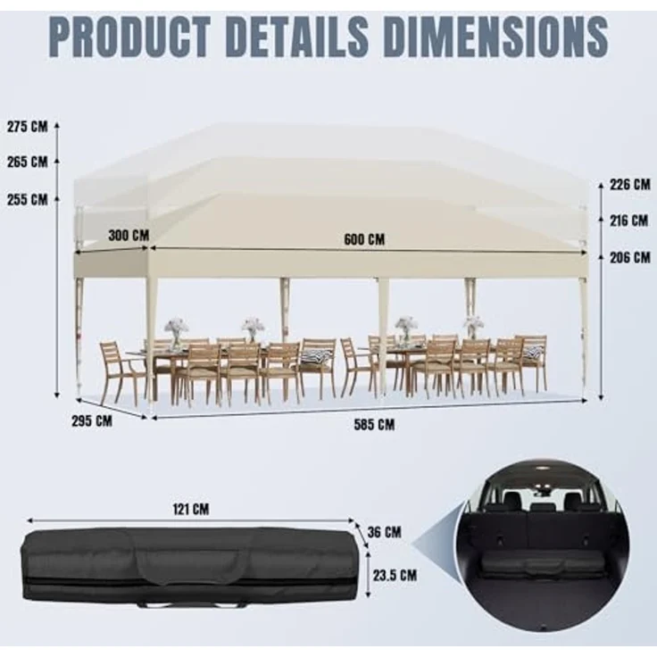 JUMMICO Pop up Pavillon 3x6 wasserdicht stabil Winterfest, One-Touch-Aufbau, Faltpavillon mit Seitenwänden, UV 50+, Shelter ideal für Garten, Innenhof, Camping und Partyzelte. Beige – Bild 3