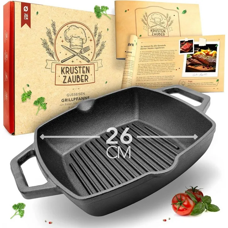 Krustenzauber Grillpfanne 26cm Grillpfanne Induktion -, (Geriffelte Gusseisenpfanne Induktion - Ideale Gusseisen Pfanne, Eisenpfanne, Cast Iron Pan, Bratpfanne), Gusseiserne Pfanne Skillet Gusspfanne