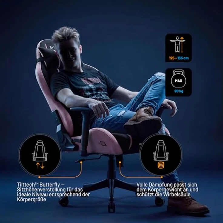 Diablo Gaming Stuhl ergonomisch Stoff Kinder Jugend Drehstuhl mit Lendenkissen Kopfstütze 3D Armlehnen verstellbar bis 140 Grad Bürostuhl klein Akira Pink – Bild 9