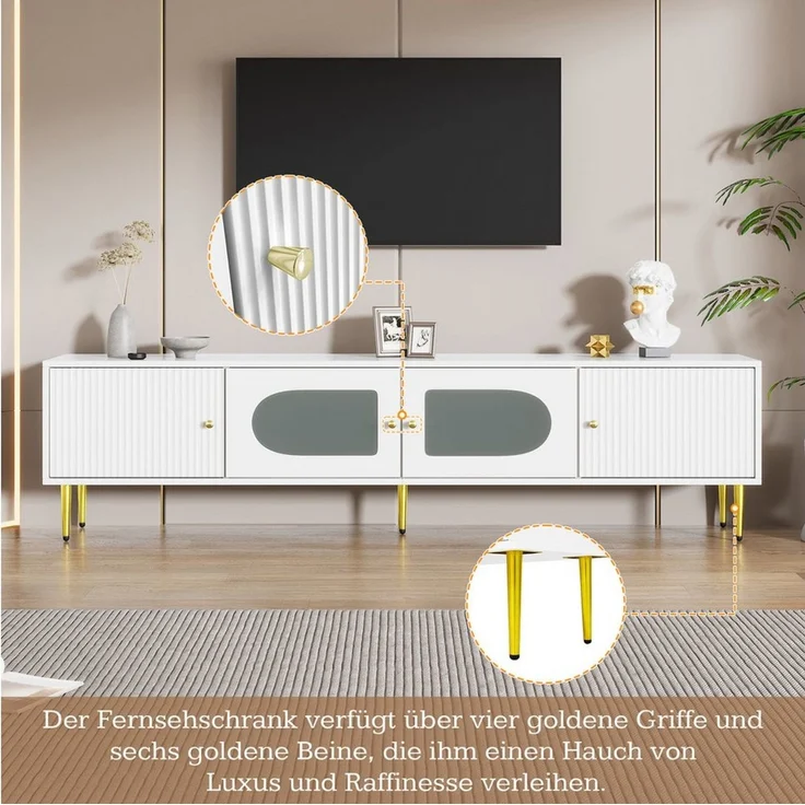 BlingBin TV-Schrank TV-Board,TV-Unterschrank (1er Set, 1-St, 170*35*50cm TV-Schrank,2Türen mit Vertikalrillen,2 Türen mit Bogenglas) Weißer Korpus mit Goldenen Beinen & Griffen, 35KG Tragkraft,TV-Schrank – Bild 2