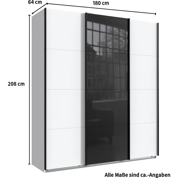 Schwebetürenschrank Kleiderschrank B180 cm H208 cm 3-türig Weiß, 1x Tür Glas Schwarz – Bild 5