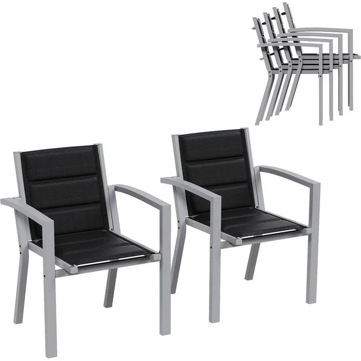 Furnicopia Gartenstuhl Stapelbar Gartenstühle Terrassenstühle mit Armlehnen, bis 160kg (4 St), Aluminiumgestell, Tecslin-Gewebe und schnell trocknende Polsterwatte