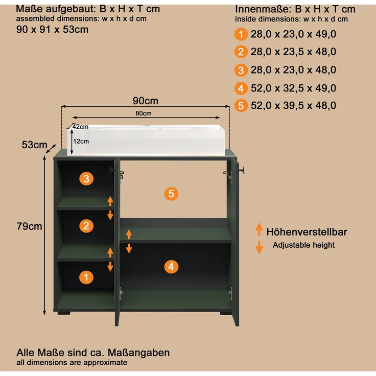 trendteam smart living - PureBliss - Waschbeckenunterschrank - Grün - Rillenoptik - 3 offene Fächer + 1 Einlegeboden + 80cm Aufsatzwaschbecken - (BxHxT) 90 x 91 x 53 cm - edle Metallgriffe – Bild 8