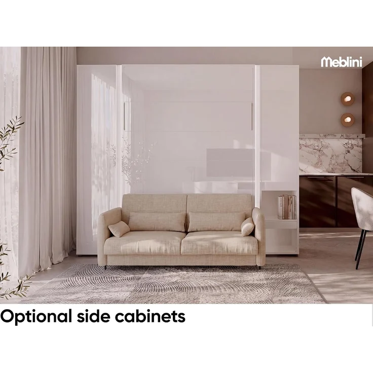 MEBLINI Elektrisches Schrankbett BC-36 - 140x200cm Vertikal - Weiß Hochglanz - Sofa und Kopfteil Beige ohne Matratze - Wandbett mit Lattenrost, Sofa und Kopfteil - Wandklappbett – Bild 2