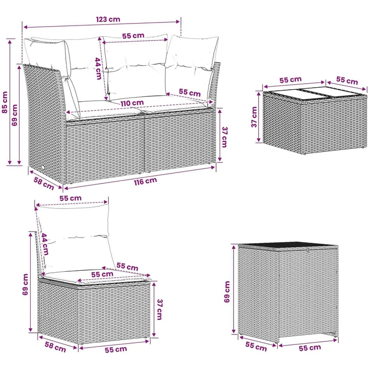 vidaXL Sofa Set 6 stk. Braun und Rot Polyrattan und Stahl 3447347 – Bild 12