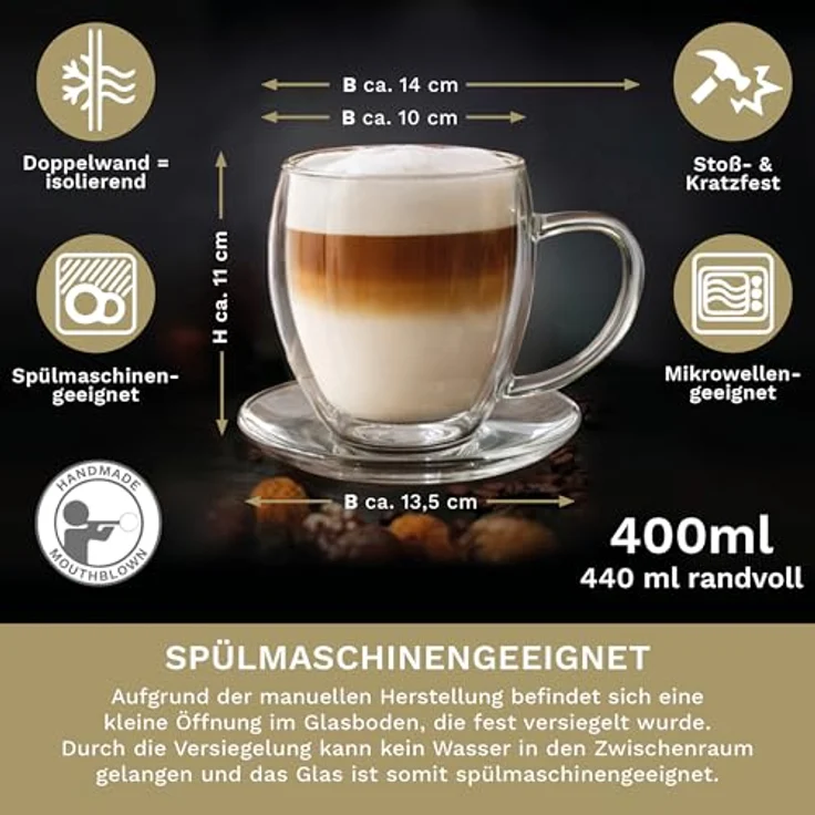 Creano Teeglas Creano 2er-Set Thermotasse, Extra Große doppelwandige Gläser mit Unter, Borosilikatglas, 2 Tassen mit Untertassen – Bild 4