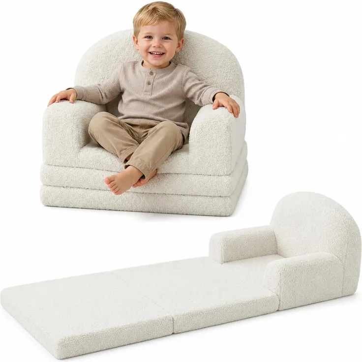 Garvee Kindersofa 2-in-1, Faltbarer Kindersessel für Kinder, Weiß | 2-in-1 Kindersofa mit weichem Bezug, faltbarer Schlaffunktion und bequemem Kindersessel für Kinder von 2-8 Jahren