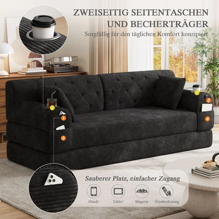 ZUBALIYA Schlafsofa 80x81 cm, mit Stauraum, mit Samtbezug, mit Cordbezug, mit Knopfheftung, mit breiten Armlehnen, Schwarz – Bild 10
