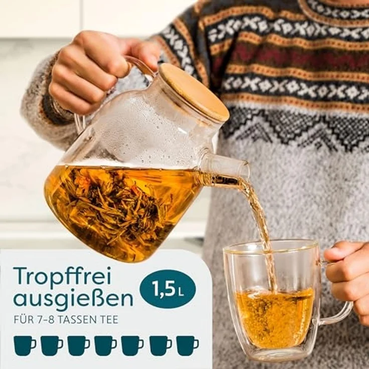 Cosumy Teekanne Teekanne Glas 1,5 Liter mit Deckel aus Bambus - Filter im Auslauf, 1500 l, (Packung, Teekanne mit Deckel), Getränke – Bild 3