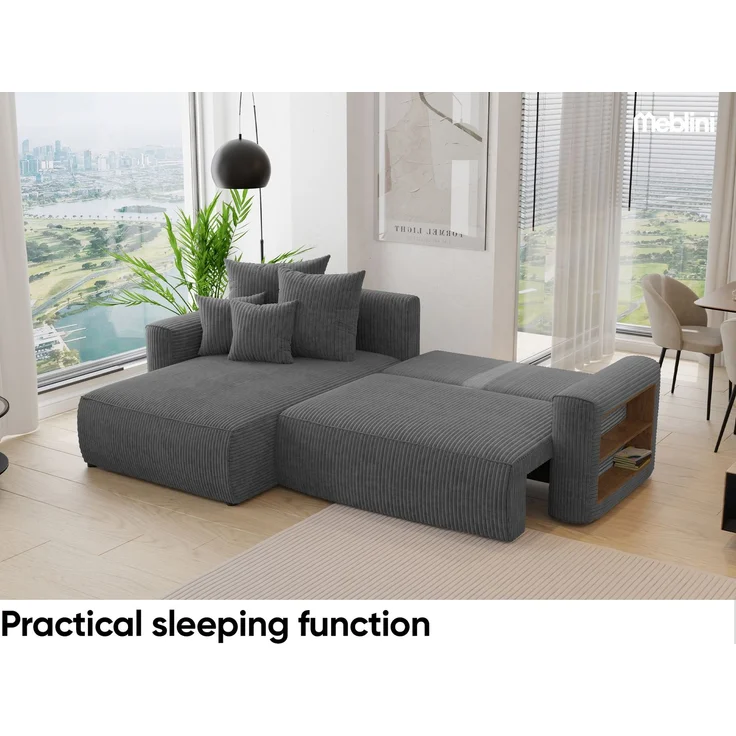 MEBLINI Schlafcouch mit Bettkasten - 260 x 160 x 78 cm - Dunkelgrau Cordstoff - NAPLES - Kleines Ecksofa mit Schlaffunktion - Sofa mit Relaxfunktion und Kissen - Kleine Couch L-Form - Eckcouch – Bild 5