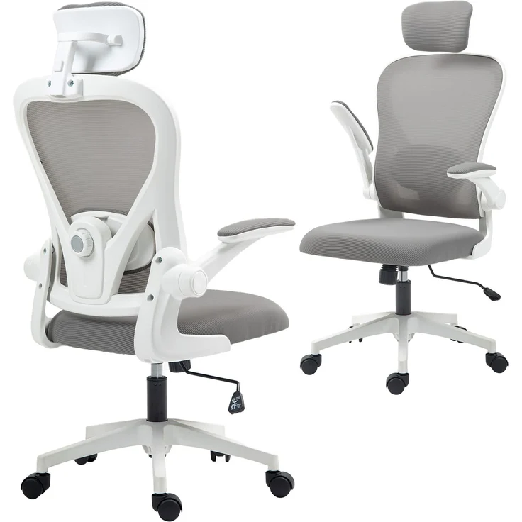 MELAYR, Bürostuhl Ergonomischer Schreibtischstuhl mit Hochklappbaren Armlehnen, 64 x 63 x 125 cm, Grau – Bild 1