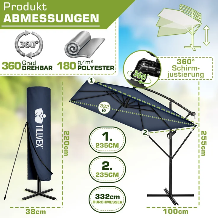 tillvex® Alu Sonnenschirm Rechteckig Ø 330 cm Navy-Blau + Abdeckung mit Kurbel | Ampelschirm Eckig mit Ständer & Windschutz | Gartenschirm UV-Schutz Aluminium | Kurbelschirm Marktschirm wasserdicht 360° drehbar – Bild 2