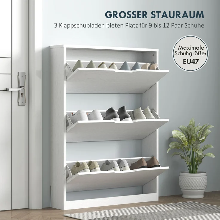 Schuhschrank mit 3 Klappschubladen, für bis zu 12 Paar Schuhe, Spanplatte, 80 x 17 x 108 cm, weiß--Weiß--108x17x80cm--YOUDENOVA – Bild 6
