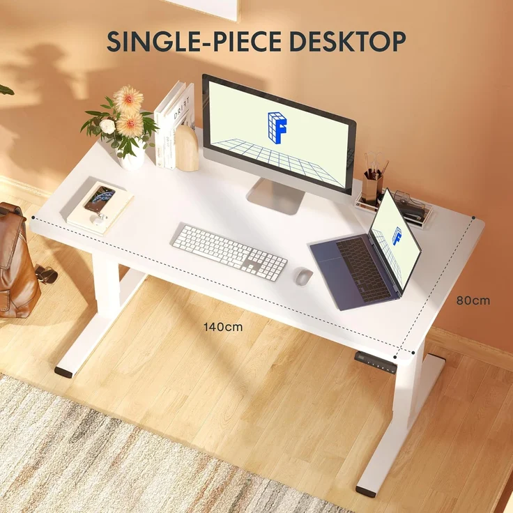 FLEXISPOT Höhenverstellbarer Schreibtisch mit 2 Motoren & 25MM einteiliger Tischplatte,ergonomischer Bürotisch - 140x80 cm Walnussbraun, Mousseweiß Gestell – Bild 2