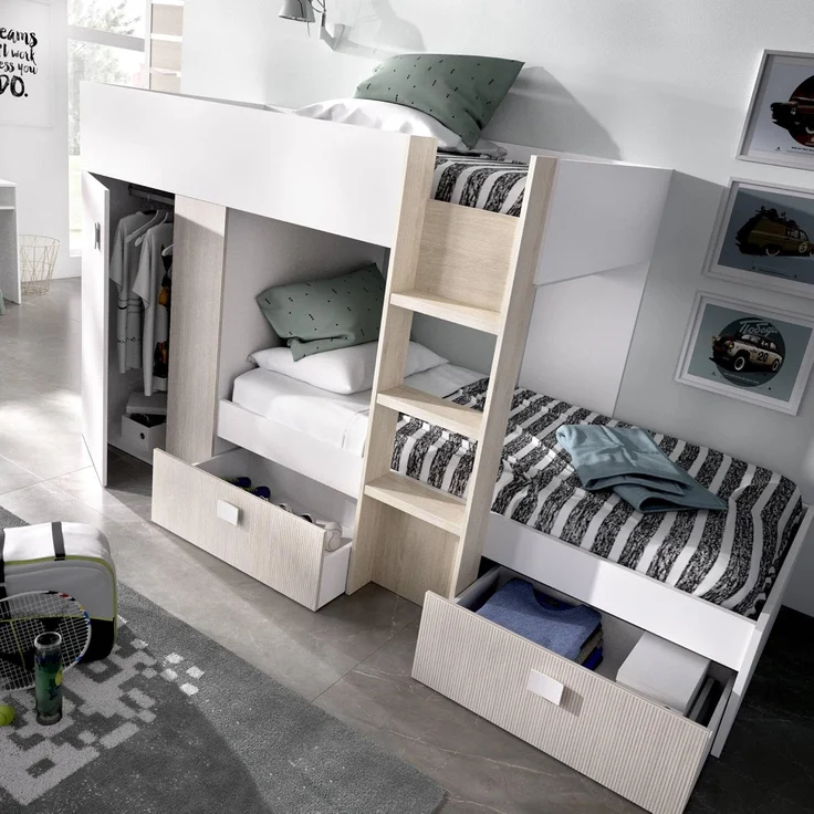 Dmora - Schlafzimmer Cevedale, Komplettes Schlafzimmer, Etagenbettkomposition mit Zwei Einzelbetten, 271 x 111 x 150 cm, Weiß und Eiche – Bild 4