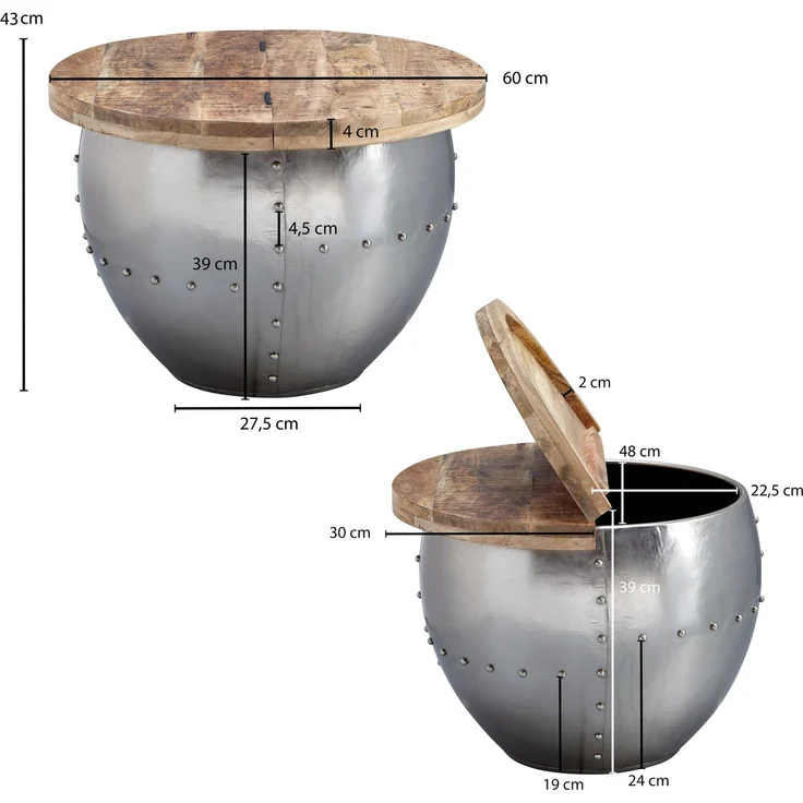 Wohnling Runder Couchtisch im Industrial Style, Mango Massivholz/Metall Silber, 60 x 43 x 60 cm – Bild 7