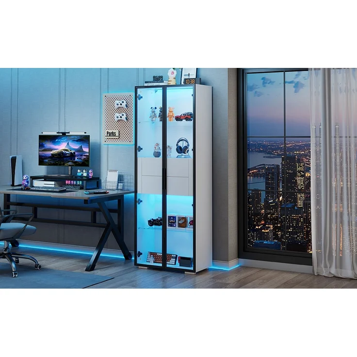 60*40*160cm Schrank,Vitrine Schranktür aus gehärtetem Glas,Vitrine Lagerschrank mit LED,2Glasboden,2Schubladen,Highboard,Wohnzimmerschrank,Aufbewahrungsschrank,Hochschrank,Sofaschrank,Weiß--Weiß + Schwarz--60x40x160cm--YOUDENOVA – Bild 8