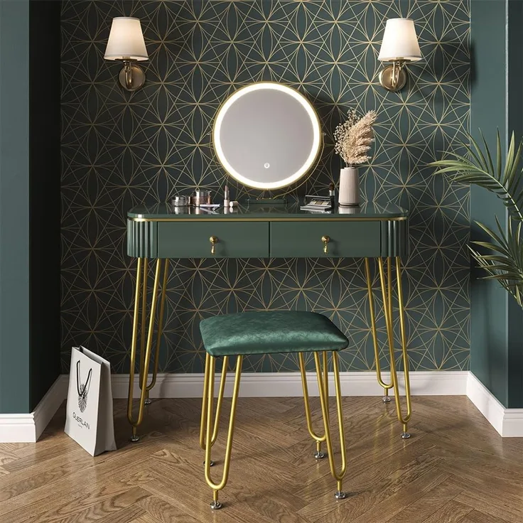 Schminktisch Grace Dunkelgrün Hochglanz 100 cm mit LED Beleuchtung und Hocker Vicco