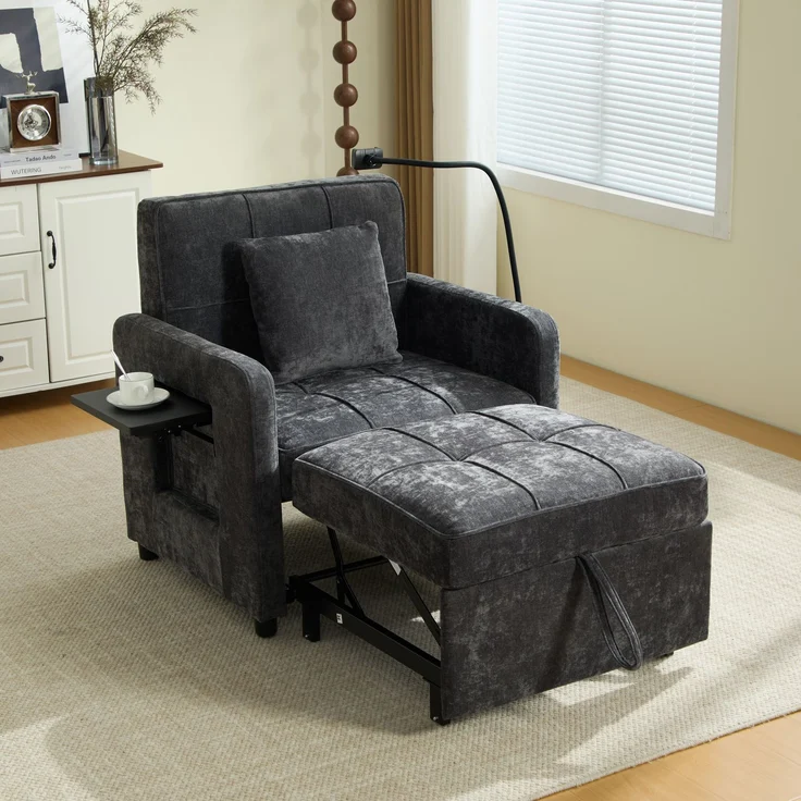 LVHOM Multifunktionaler Schlafsessel mit klappbarer Ablage, Ausziehbares 1-Sitzer Schlafsofa mit Handyhalter und Seitentaschen, Loungesessel, Dunkelgrau – Bild 1