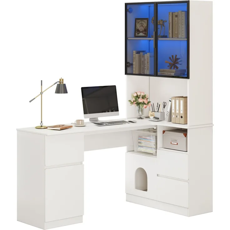 Flieks Eckschreibtisch mit LED-Vitrine & Regal 120×80×180 cm, Computertisch mit 3 Schubladen, 2 Türen, Haustierfach, Rechte Ecke, Weiß