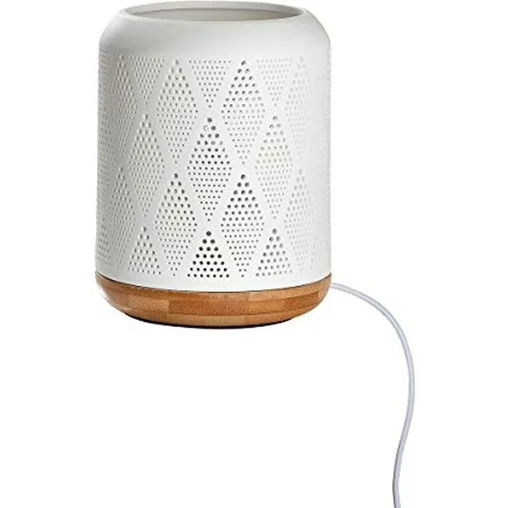 GILDE Tischleuchte Porzellan Lampe Prickelraute weiß / Sockel in Holzoptik