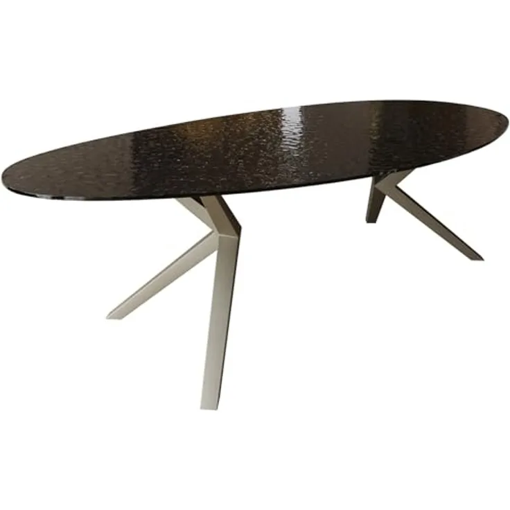 Esstisch Edge Oval 280x130 Reliefglas Rauchschwarz 3D-Design Zenthara kantig Metall Effektfinish Titan