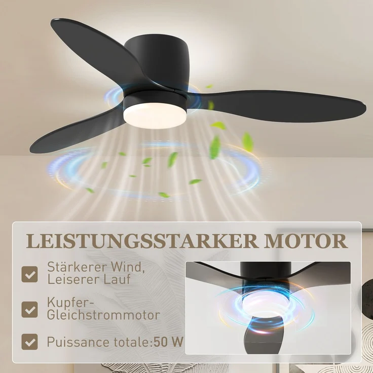 JARDJ Deckenventilator mit Lampe und Fernbedienung, 3 Lichtfarben, 6 Geschwindigkeiten, Einstellbare Helligkeit, Schwarz – Bild 8