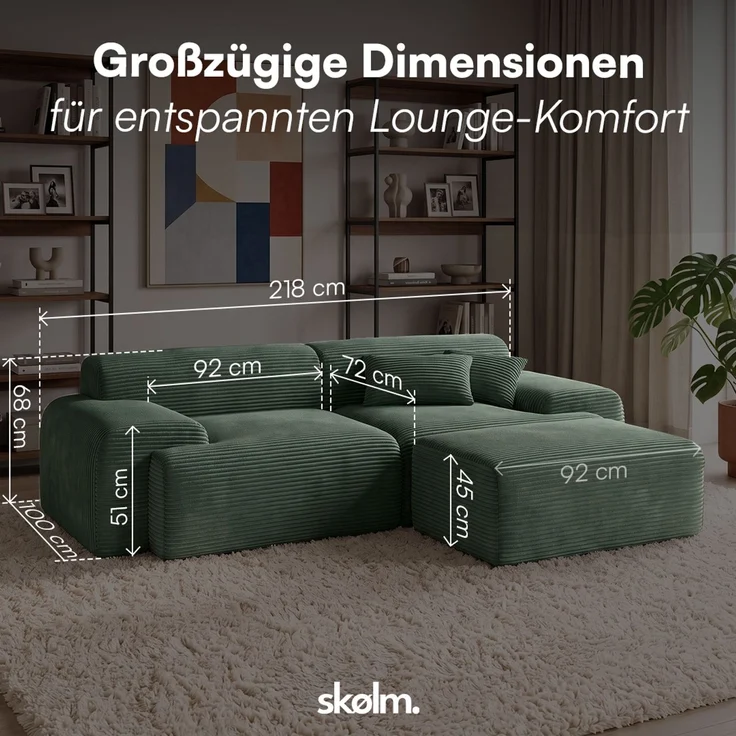 skølm 'Menja' Sofa 2-tlg mit Hocker, 2er Sitz mit 2 Kissen, Cord dunkelgrün, Vollschaumcouch mit Federkern und Vakuum-Kompression, kein Aufbau erforderlich – Bild 8