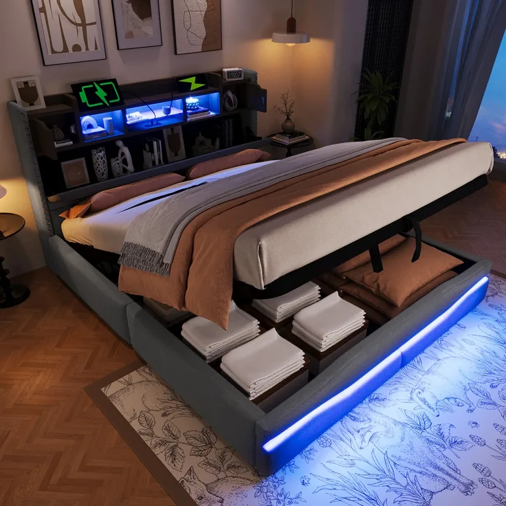 Polsterbett, mit USB-C Steckdose Ladefunktion ferngesteuerte Ambiente-Lichtleiste unter dem Bett Kopfteil mit Staufach Hydraulisch Stauraumbett ohne Matratze Mit LED-Leuchten，Grau, 160 x 200 cm