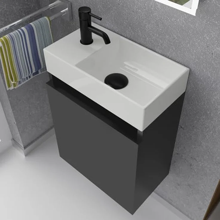 Alpenberger Badmöbel-Set Gäste WC Waschbecken mit Unterschrank - Badschrank Hängend, (2-tlg. Waschtisch Set Schwarz, Waschbeckenunterschrank mit Softclose), Waschplätze für Kleine Bäder - Badschrank Hängend und Vormontiert – Bild 4