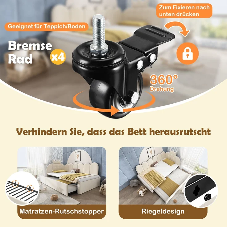 Merax Einzelbett 90x200 cm, Kinderbett, Polsterbett mit 90x190 cm Ausziehbett, Niedliches Kronen- und Gitterdesign, Samt, Beige – Bild 6