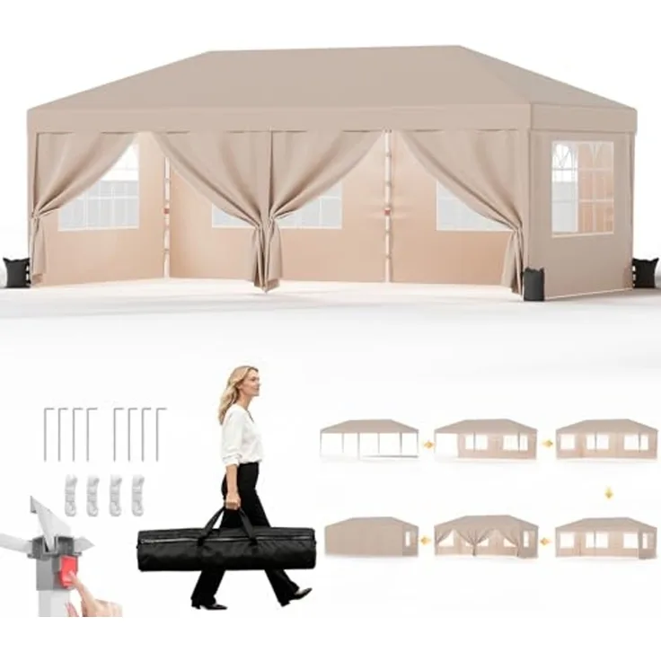 JUMMICO Pavillon 3x6 Wasserdicht Stabil Winterfest Höhe Verstellbar,Faltpavillon mit 6 Seitenwänden,Pavillion UV Schutz 50+,Gartenpavillon Faltzelt für Garten, Innenhof, Camping,Gazebo Beige