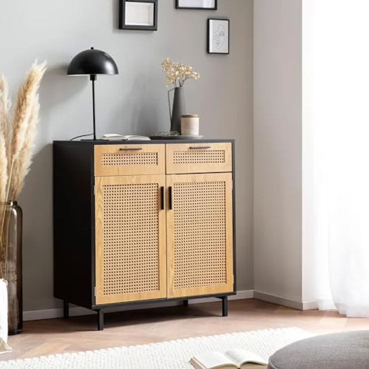 Livetastic Sideboard, Schwarz, Metall mit Wiener Geflecht, 2 Fächer, 2 Schubladen, 80x86.5x40 cm, stehend – Bild 4