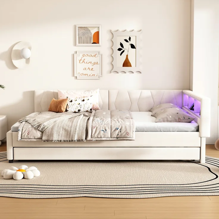 Bett 140x200 cm – Daybed mit ausziehbarer Liege, Leinenbezug, integrierter LED & USB/Typ-C, Lattenrost inklusive, Beige