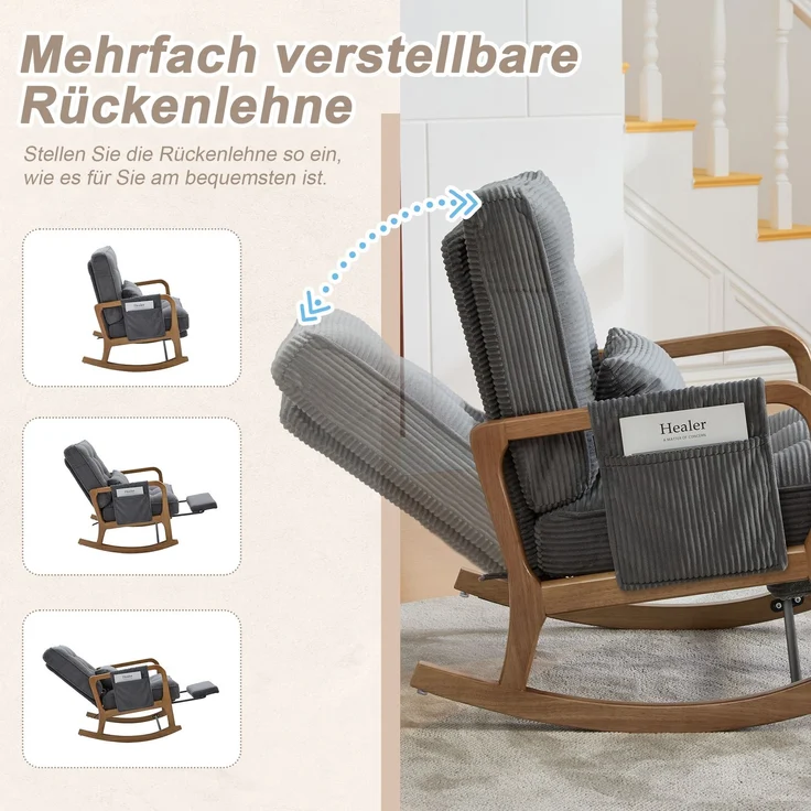 LVHOM Schaukelstuhl mit ausziehbarer Fußstütze, Relaxsessel mit verstellbare Rückenlehne, Loungesessel mit Seitentasche, bis 150 kg belastbar, Grau – Bild 4