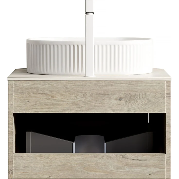 Hängender Badwaschtisch 60 cm mit ovalem Keramikbecken, Travertin-Optik und Soft-Close-Schublade – Bild 7