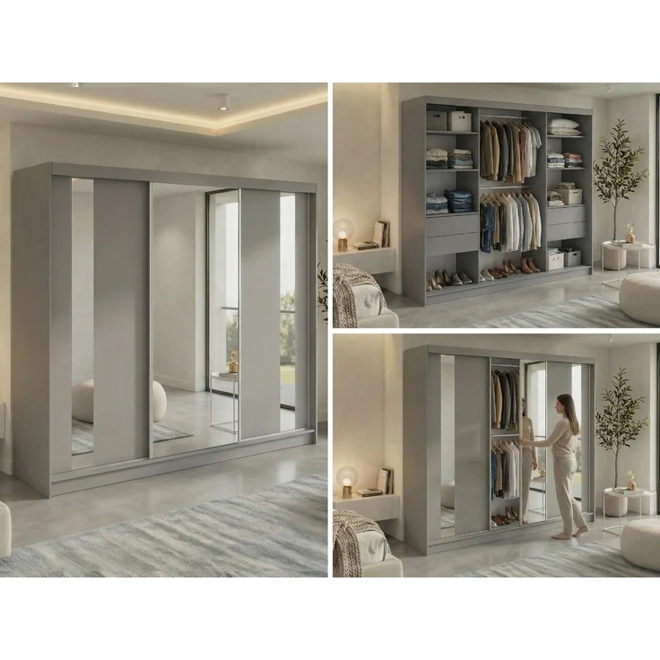 Schiebetürenschrank GRECJA 240 cm breite mit Spiegelfront und Dekor-Applikationen in Grau, inkl. Kleiderstange & Einlegeböden mit Schubladen - Grau – Bild 2