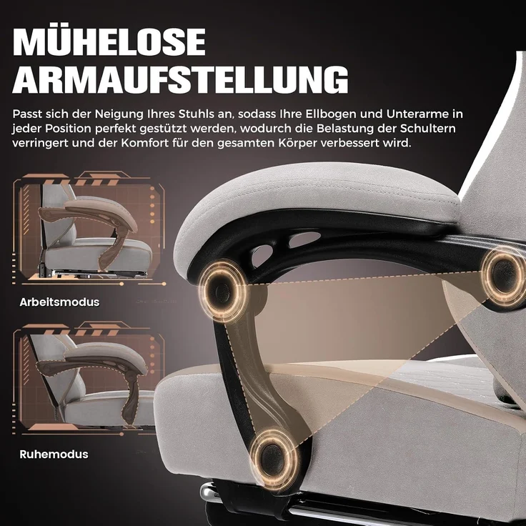 GTPLAYER Gaming Stuhl Ergonomischer, PC Stuhl Atmungsaktiver Stoff, Groß und Hoch Drehbarer Schreibtischstuhl mit Fußstütze,Verstellbare Lendenwirbelstütze und Kopfstütze,Hellbraun – Bild 6