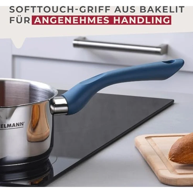 Fackelmann Kasserolle Essential Ø 16 cm, Edelstahl, ergonomischer Bakelit-Griff, für alle Herdarten geeignet, 1,5 L, Blau – Bild 6