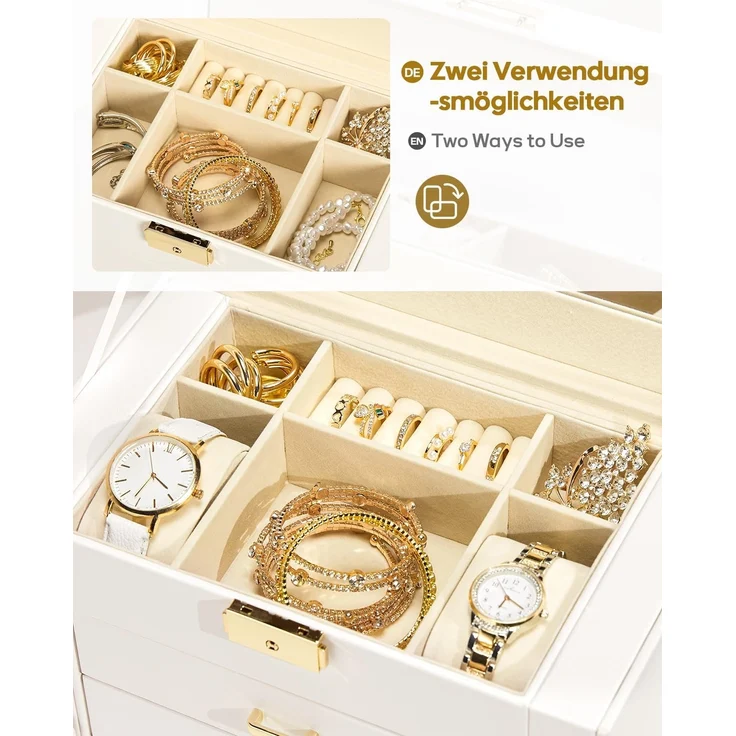Yorbay Schmuckkasten Schmuckkoffer mit 5 Ebenen, 2 Seitenfächern, Weiß (Mit Spiegel), Schmuckkästchen, abschließbar, für Halsketten, Uhren, Ringe, Brille – Bild 4