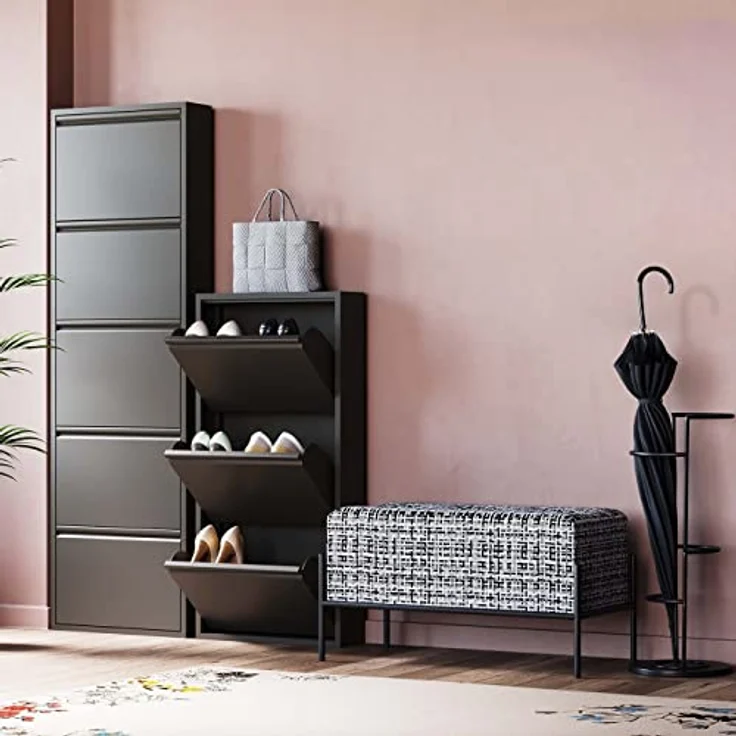 Kare Design Schuhschrank Caruso, Schwarz, Stahl, mit 5 Klappen, Schuhablage für 10 Paar Schuhe, schmal, platzsparend, hoch, Schuhregal, Eingangsbereich, 173 x 50 x 15 cm (H/B/T) – Bild 3