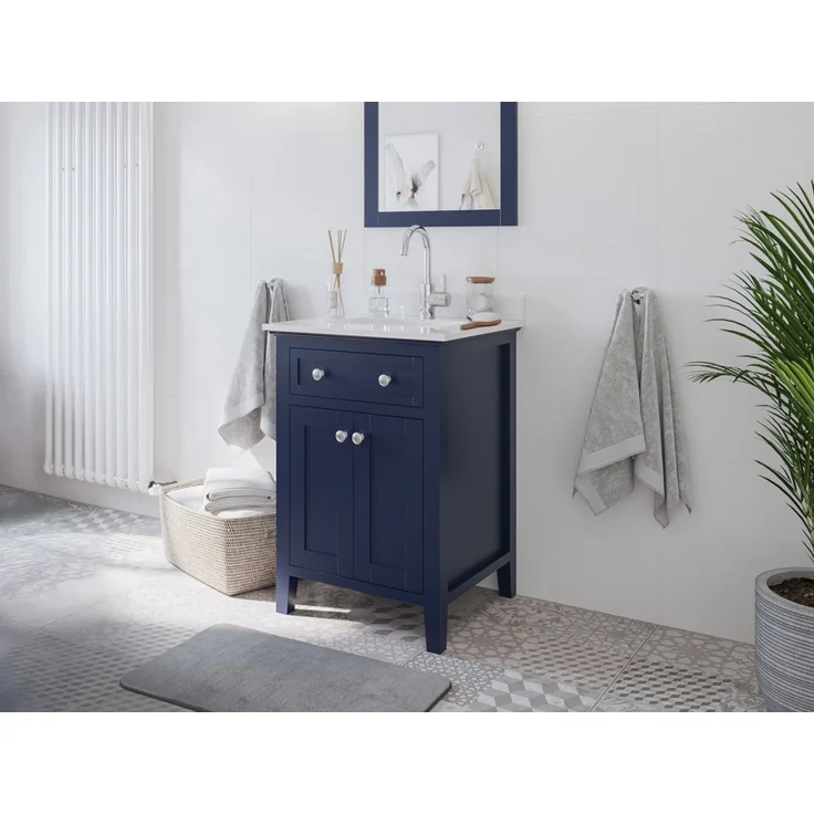 Landhaus Badmöbel Postigo 60 Quarz weiß montiert blau lackiert : Blau lackiert / Quarz weiss – Bild 1