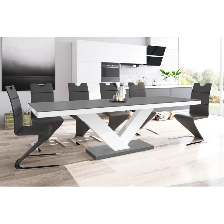 designimpex Esstisch Design HE-999 Grau Anthrazit MATT / Weiß HOCHGLANZ ausziehbar 160-256