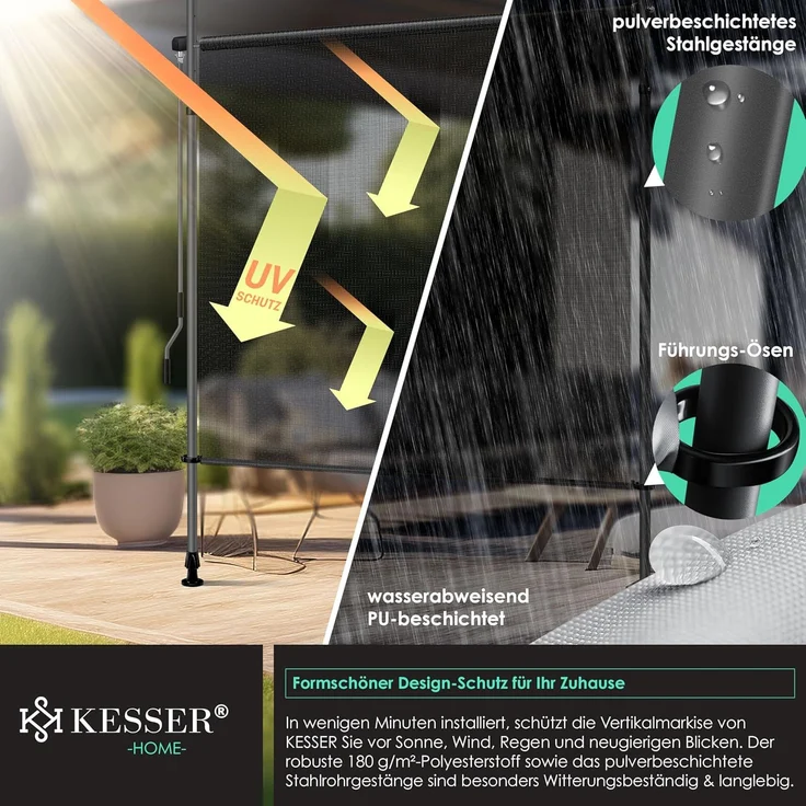 KESSER® Klemmmarkise 200x310 cm, wetterfest, Senkrechtmarkise mit Handkurbel ohne Bohren, Ausziehbar, wasserdicht & UV-beständig, Transparent/Anthrazit – Bild 6