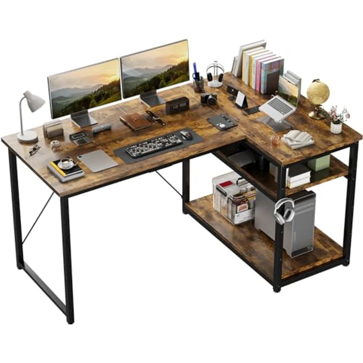 JUMMICO L-förmiger Schreibtisch 140 x80 cm mit Stauraum, Eck-Computertisch mit umkehrbarem Regal, Stabiler Bürotisch und Arbeitsstation für das Homeoffice,Braun – Bild 1
