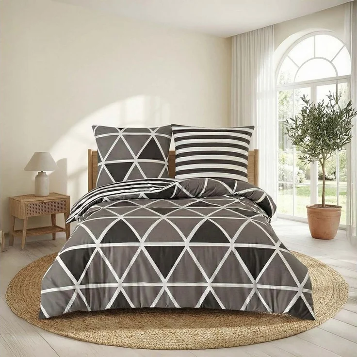 Buymax Bettwäsche Memento, Bettgarnitur, Bettbezug Set, Renforce: 100% Baumwolle, 4 teilig, mit Reißverschluss, modern, Karo, Streifen, Grau, Weiß, 155x220 cm – Bild 1