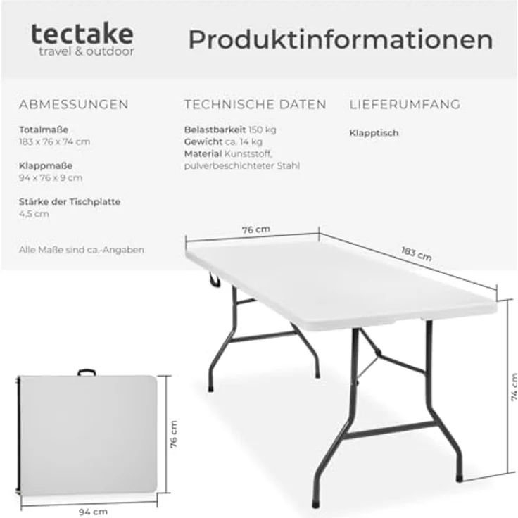 tectake® Klapptisch, Campingtisch mit Trageschlaufe, Gartentisch klappbar, Anti-Rutsch Füße, robust, leicht zu reinigen, 183 x 76 x 74 cm, Tisch für Garten, Terrasse, Balkon, Camping und Picknick – Bild 4